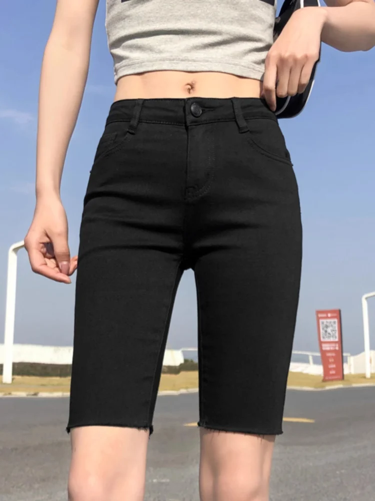 

Эластичные джинсовые брюки с высокой талией, женские летние тонкие обтягивающие брюки средней длины с потертостями, повседневные брюки для верховой езды с 5 точками
