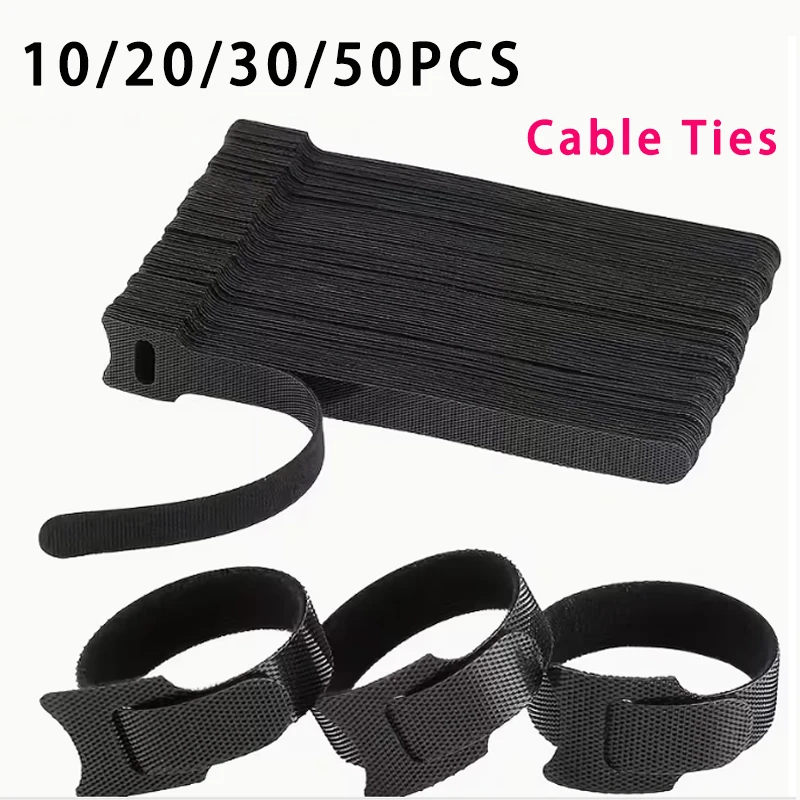 10pcs/20pcs/30pcs/50pcs Black Reusable Cable Ties Compatible for Cord Management - Adjustable & Loop Cables Organizers