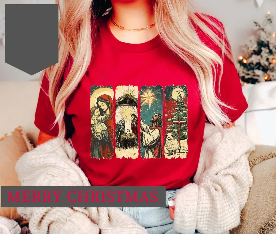 Jezus is God Vrouw Kerst Rood T-shirt Nieuwjaar Kerstmis Geheugen van Jezus Christus Hoge kwaliteit katoen bedrukt T-shirt Party Tops