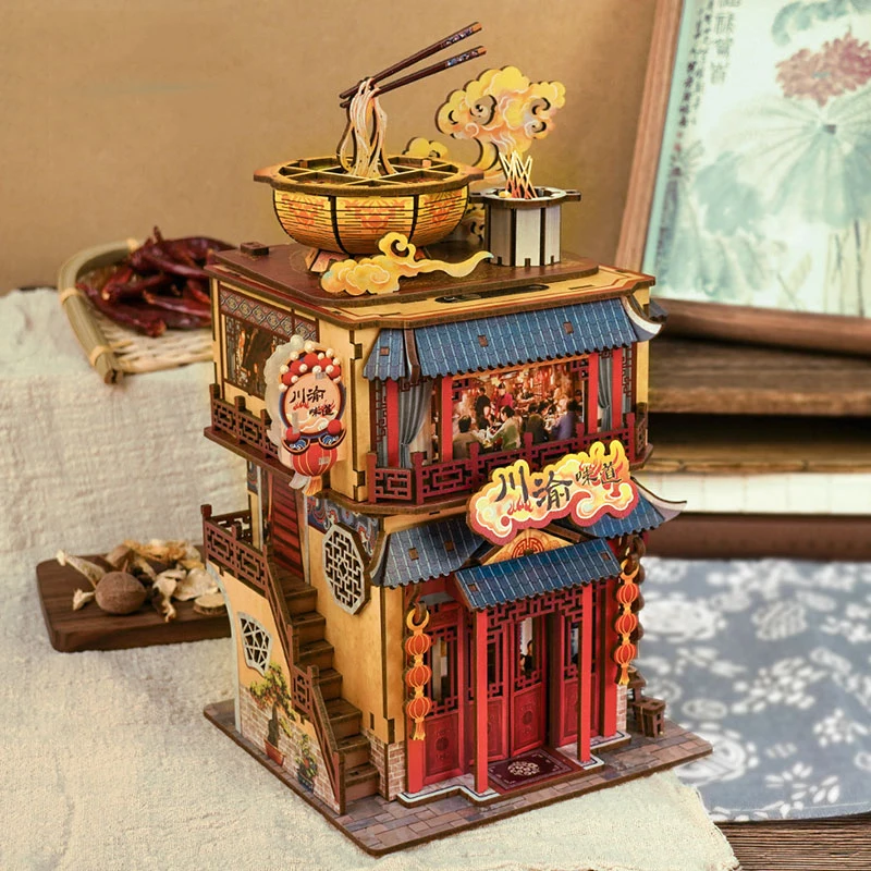 DIY Wooden Dollhouse Hot Pot Restaurant Model Puzzle Assemble Education Toys for Child Girl Adult Gift Room Decoration Casa