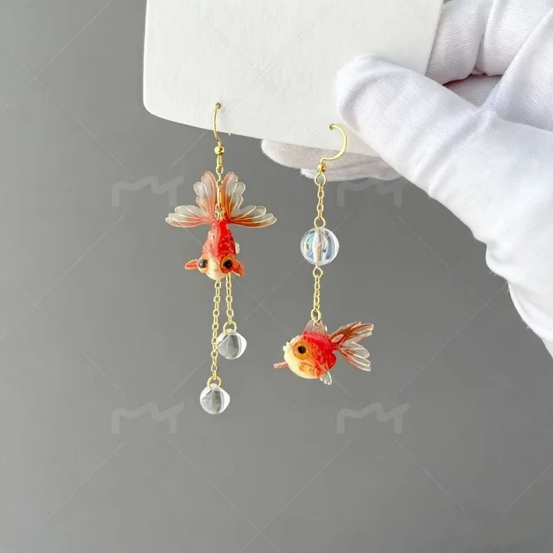 Goldfish and Bubble Dangle Earrings - Red goldfish earrings - Unique Dangle