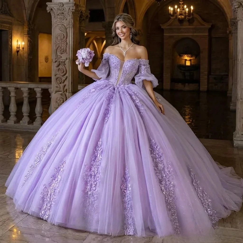 

Lilac Quinceanera Dress Off-Shoulder Tulle Ball Gown Birthday Dress Lace Appliques Prom Costume Customized