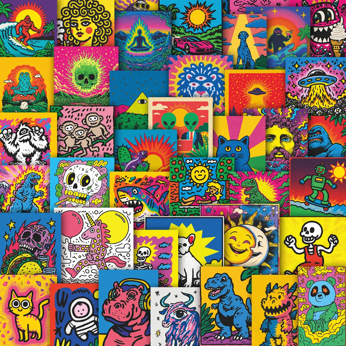 50pcs Vibrant Retro Psychedelic Stickers | Trippy Cartoon Decals for Cycling, Skateboard & Laptop, Hippie & Aesthetic Fans