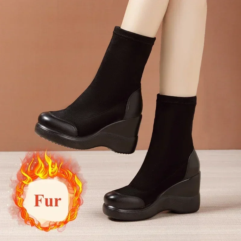 8cm Small Size 32-43 Comfortable Flexible Platform Wedges Shoes Ankle Boots Winter 2024 High Heels Sock Boots Elastic Office