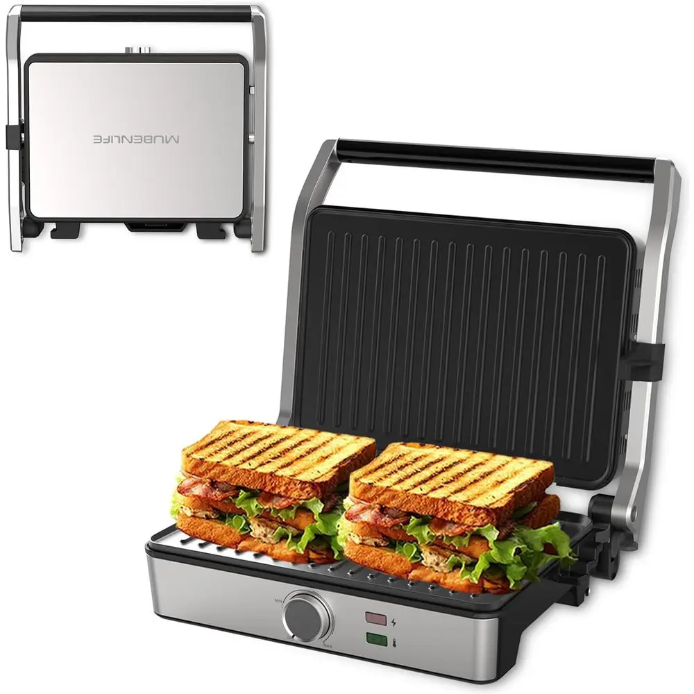 

Electric Sandwich Press Grill, 180-Degree Open, Indoor Use, Ideal for Toasting Sandwiches, Grilling Steaks, Burgers, with Adjust