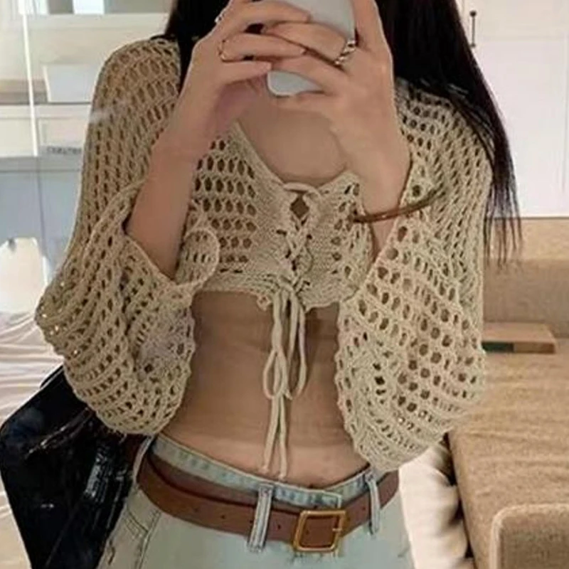 Summer Fashion Lace-up V-neck Long Sleeve Hollow Knitted Cardigan Women\'s Crop Top