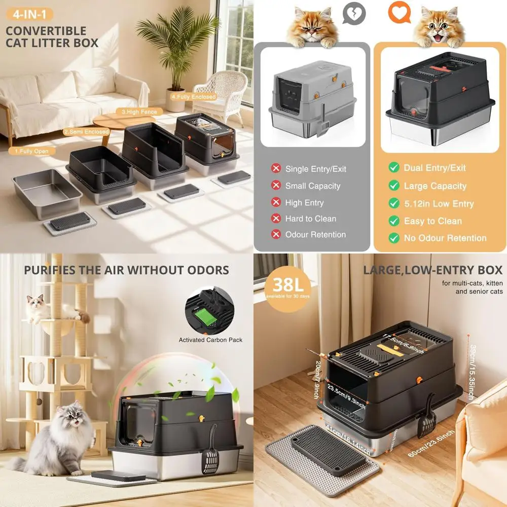 

Extra Large Enclosed Metal Cat Litter Box with Lid, Top Entry, Easy Clean, Scoop, Mat, Brush & Foot Pedal - Black