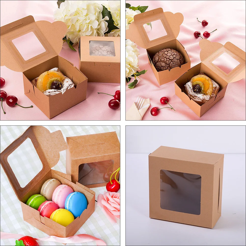 Cajas de postre de papel Kraft, ventana, yema, embalaje de pasteles, cajas de panadería, alimentos seguros, fáciles de plegar, contenedores de un solo uso, 10 Uds.