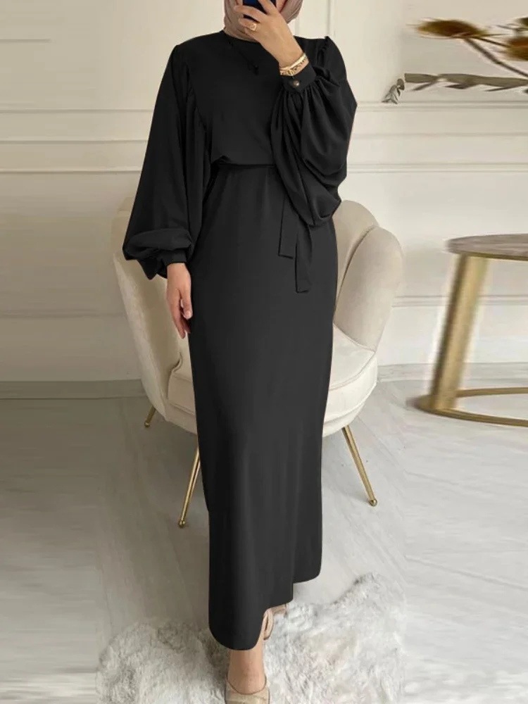 Otoño Puff manga Marruecos vestido musulmán mujeres Abaya Kaftans Casual Vestidos de noche Mujer Turquía Islam vestido largo Mujer Vestidos