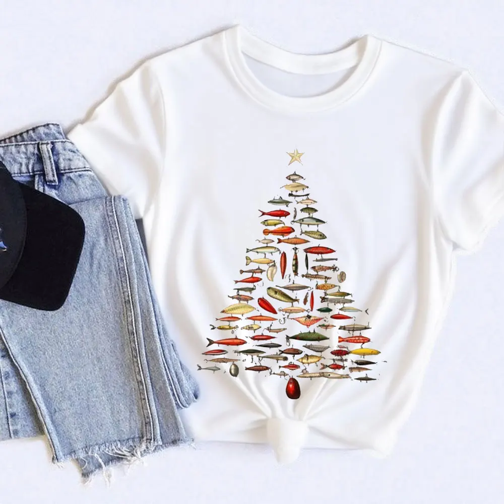 

Fishing Lure Christmas Tree T-Shirt Retro Fisherman X-mas Tees Fashion Streetwear O-neck Short-sleeve Cotton Unisex Tops