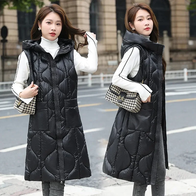 Women Long Puffer Jacket Fashion Korean Vest Coats 2024 Autumn Winter Warm Thickening Long Parkas Casual Loose Outwear Mujer