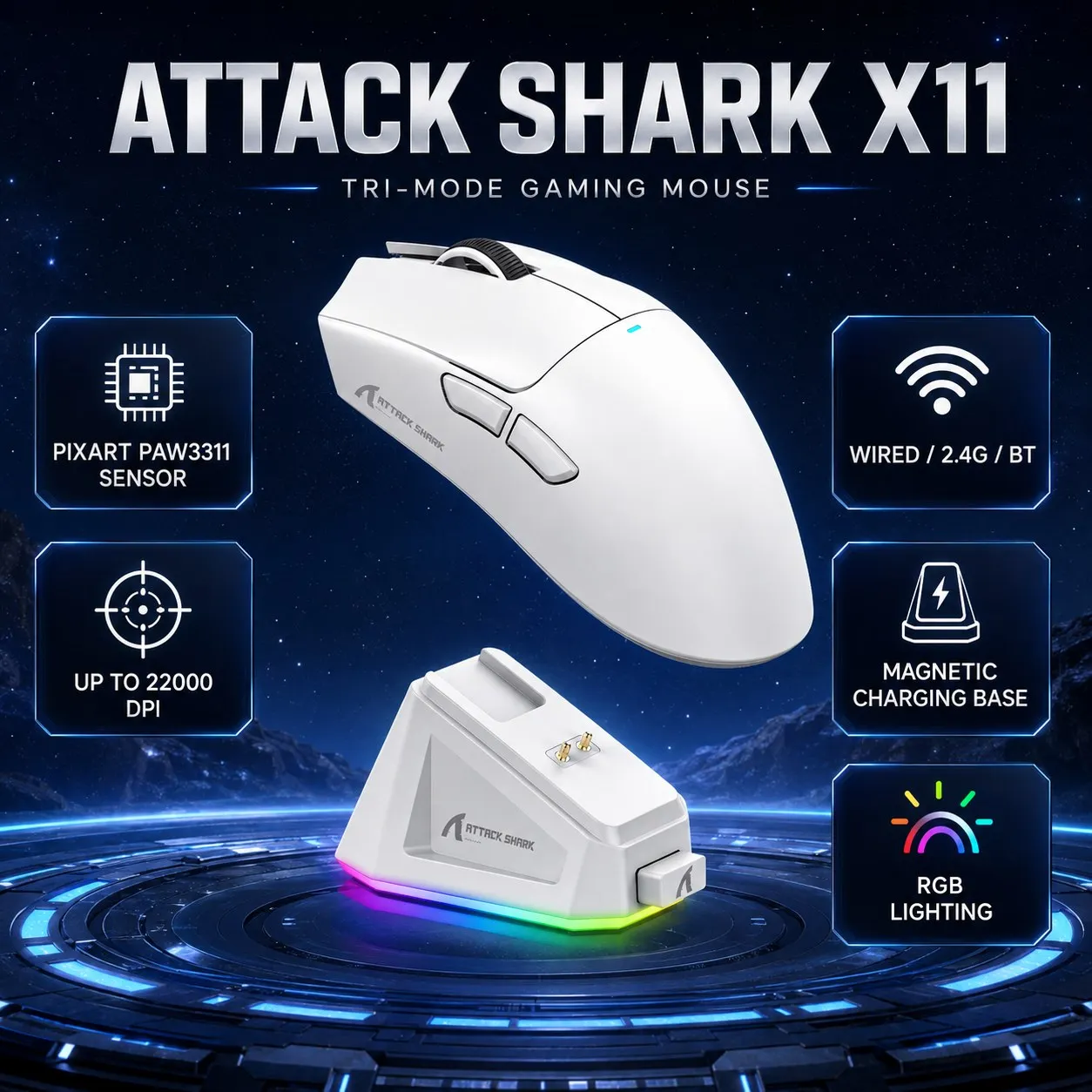 ATTACK SHARK X11 Tri-Mode Wireless Gaming Mouse with PAW3311 and Charging Dock, 59±3g