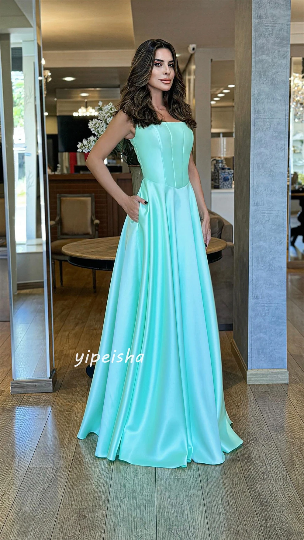 Satin Ruched Beach A-line Square Neck Bespoke Occasion Gown Long Dresses