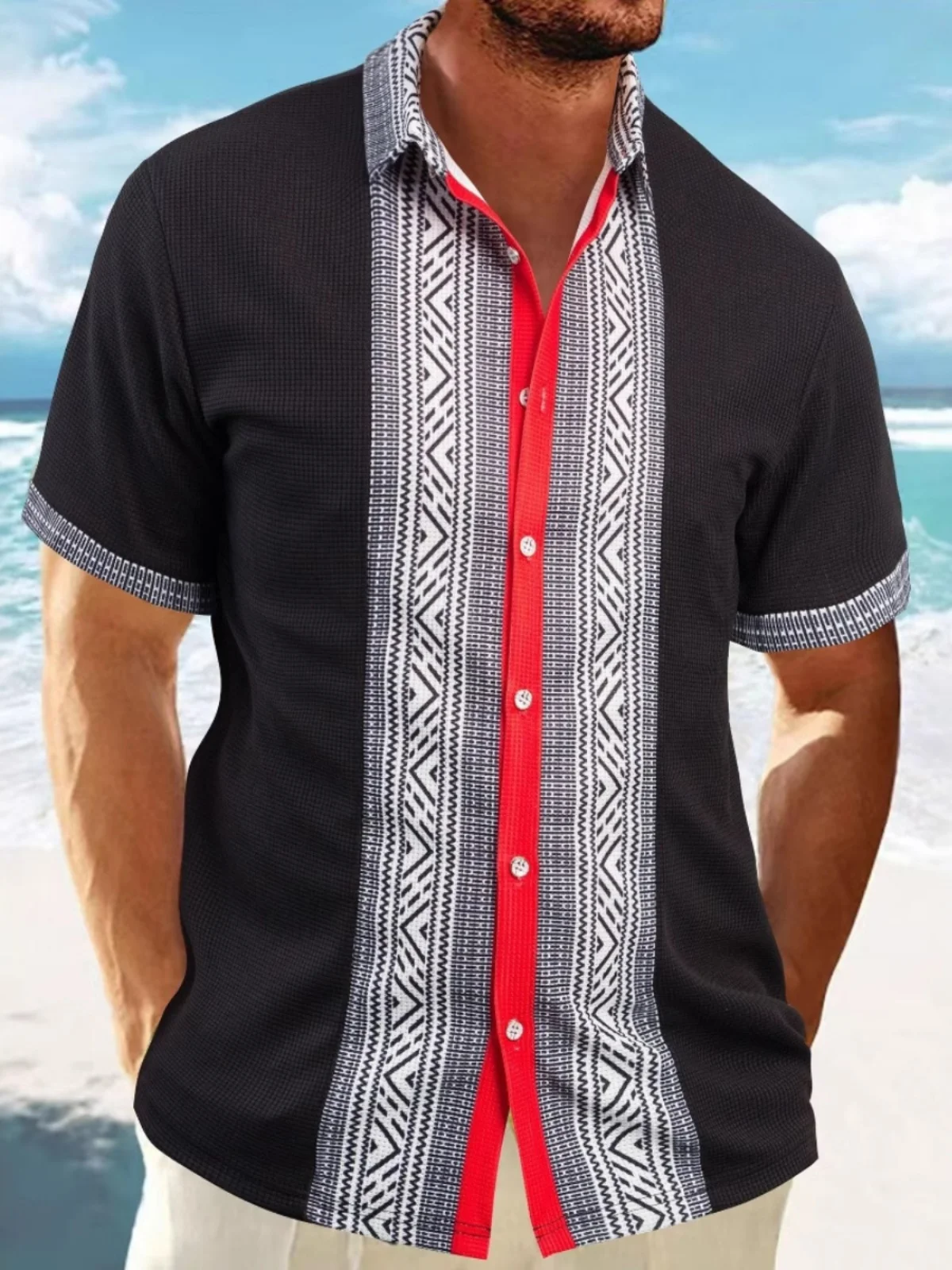 

Faionable Casual Lapel Print Buttonup ort Sve irt Cool Feeling Loose Fit Youth Summer Clothing Geometry Pattern