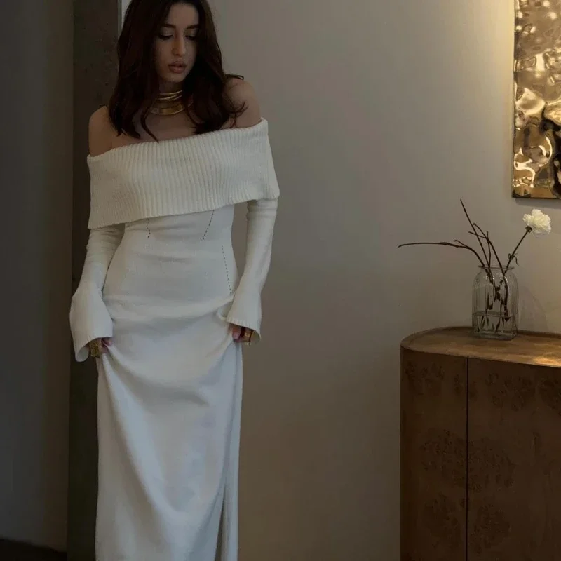 

Женское трикотажное платье с открытыми плечами, элегантное модное облегающее платье с длинным рукавом, Новинка осени 2024, однотонные мягкие женские платья