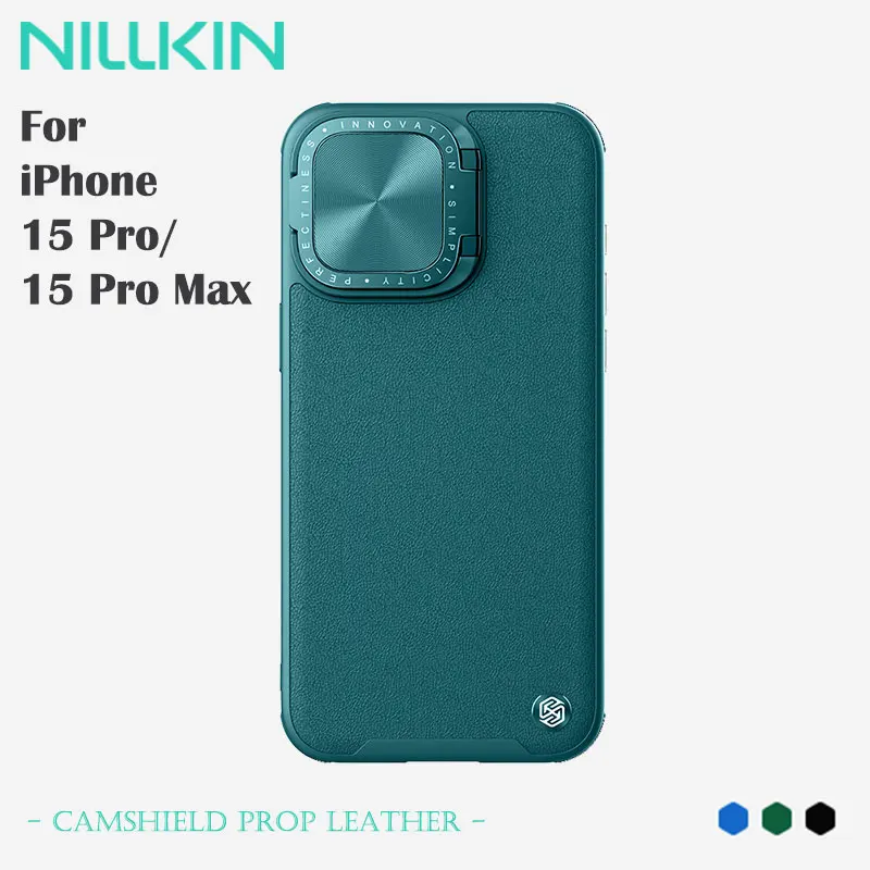 iPhone 15 Pro/15 Pro Max용 NILLKIN 가죽 케이스, 카메라 렌즈 보호, 킥스탠드가 있는 고급 커버, 충격 방지 긁힘 방지