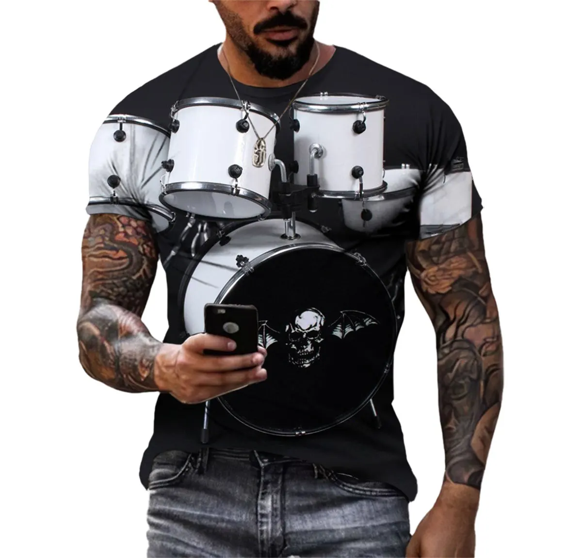 Summer Hip-Hop Color Drum Kit 3d Printed Men\'S T-Shirt Party Large Size Short Sleeve Premium Quick-Drying Comfortable Clothing