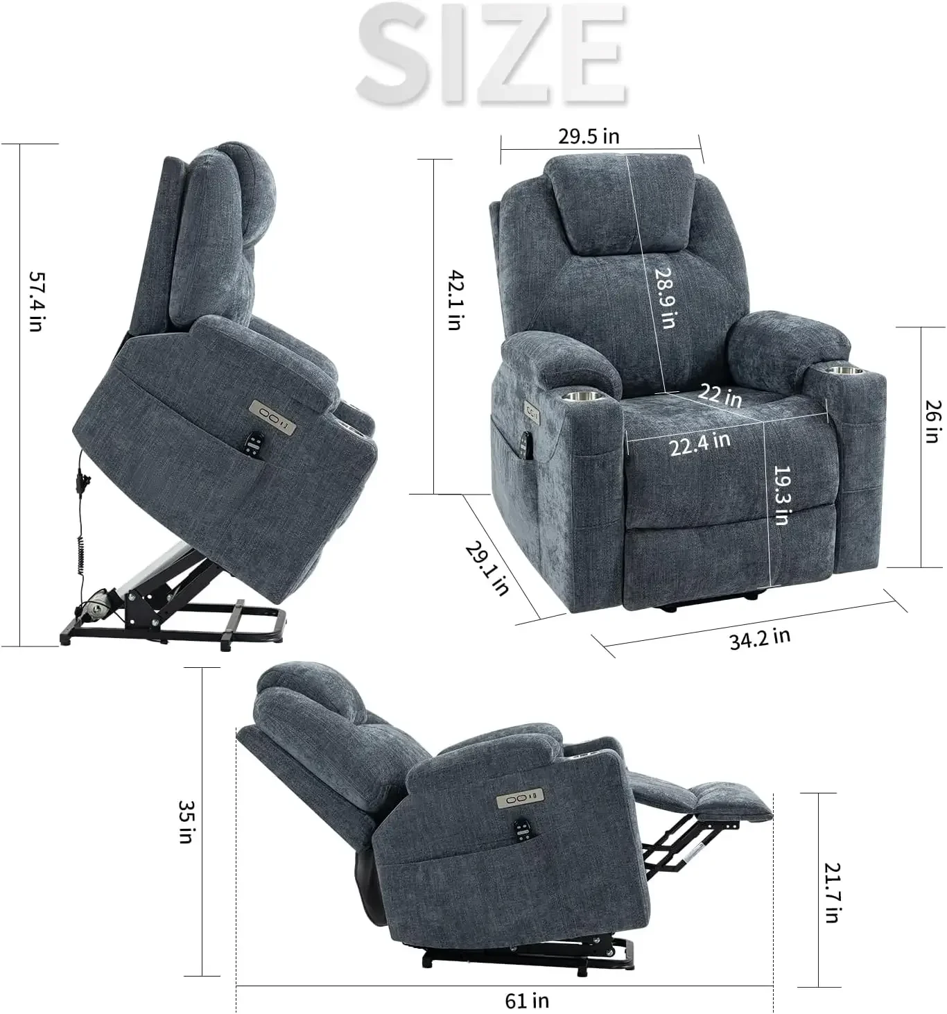 Fauteuil inclinable Power Lift amélioré et moteur Heat Premium, inclinable à 155 ° max, assistance debout pour les ports USB des principaux