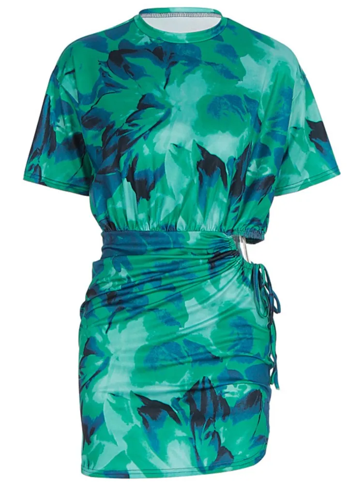 Mini abito estivo sexy moda donna elegante pullover casual Y2K partito pieghettato scava fuori abiti a maglietta con lacci a maniche corte