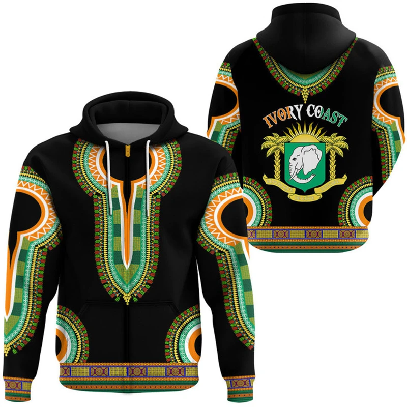 Vintage CI Flag Street Print Clothing Hip Hop Personality Ivory Coast National Graphic Fashion Zip Hoodies Pullovers Sweatshirts