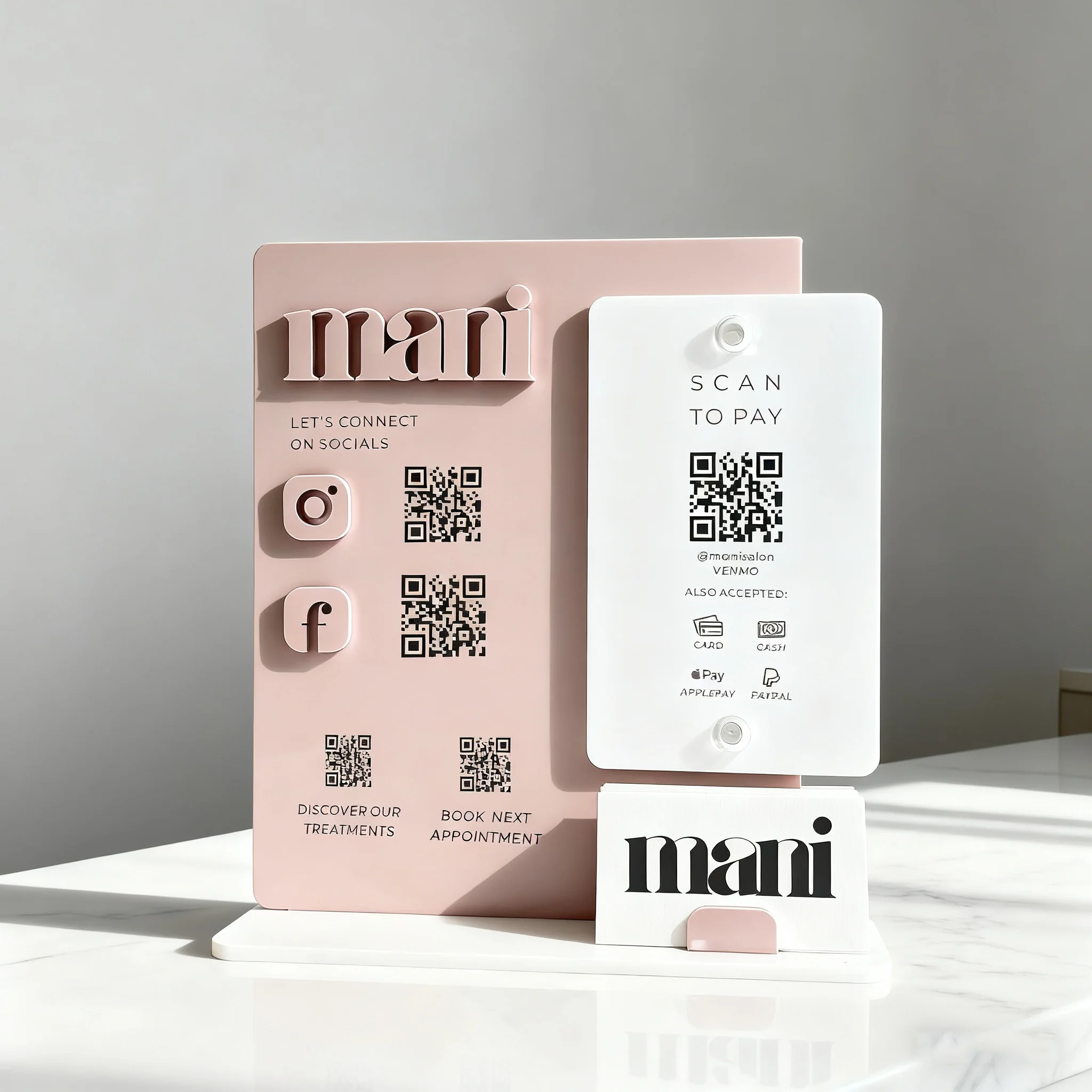 حامل مكتبي مخصص من الأكريليك مع رمز QR مخصص لدفع مراجعات Google وشعار إعلان الأعمال والوسائط الاجتماعية Dis #4