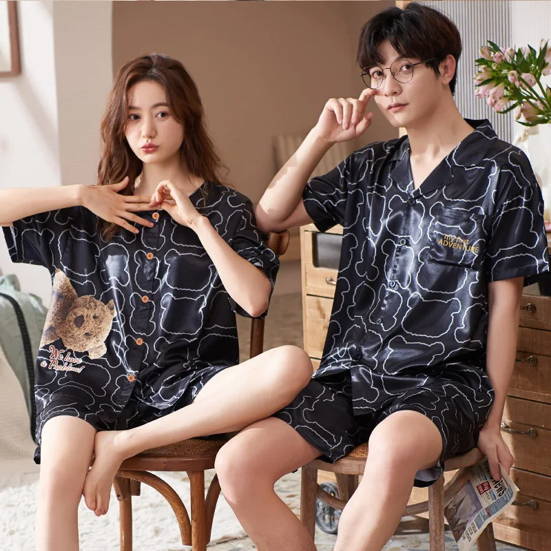 Women Sleepwear Summer Pajama Set Red Turn Down Collar Faux Silk Satin Short Sleeve Casual Female Male Pajamas Home Wear Shorts