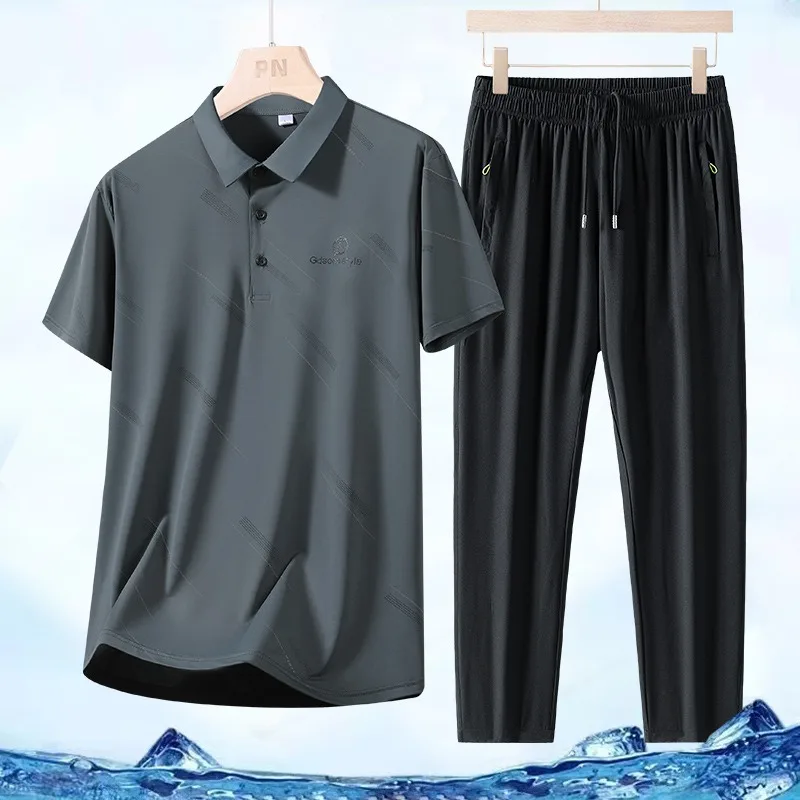 

Men's Middle Aged Ice Silk Polo 2 Piece Set Summer Short Sleeve Business Casual Long Pants Casual Set