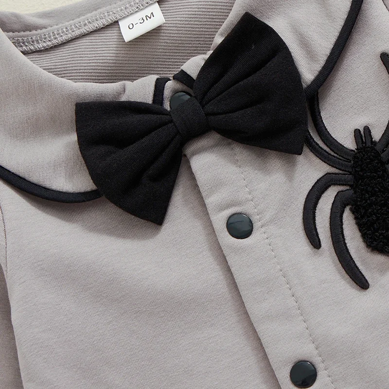 SUNSIOM 0-18 Months Baby Boy Halloween Romper Spider Embroidered Bow Tie Long Sleeve Lapel Neck Button-up Fall Jumpsuits