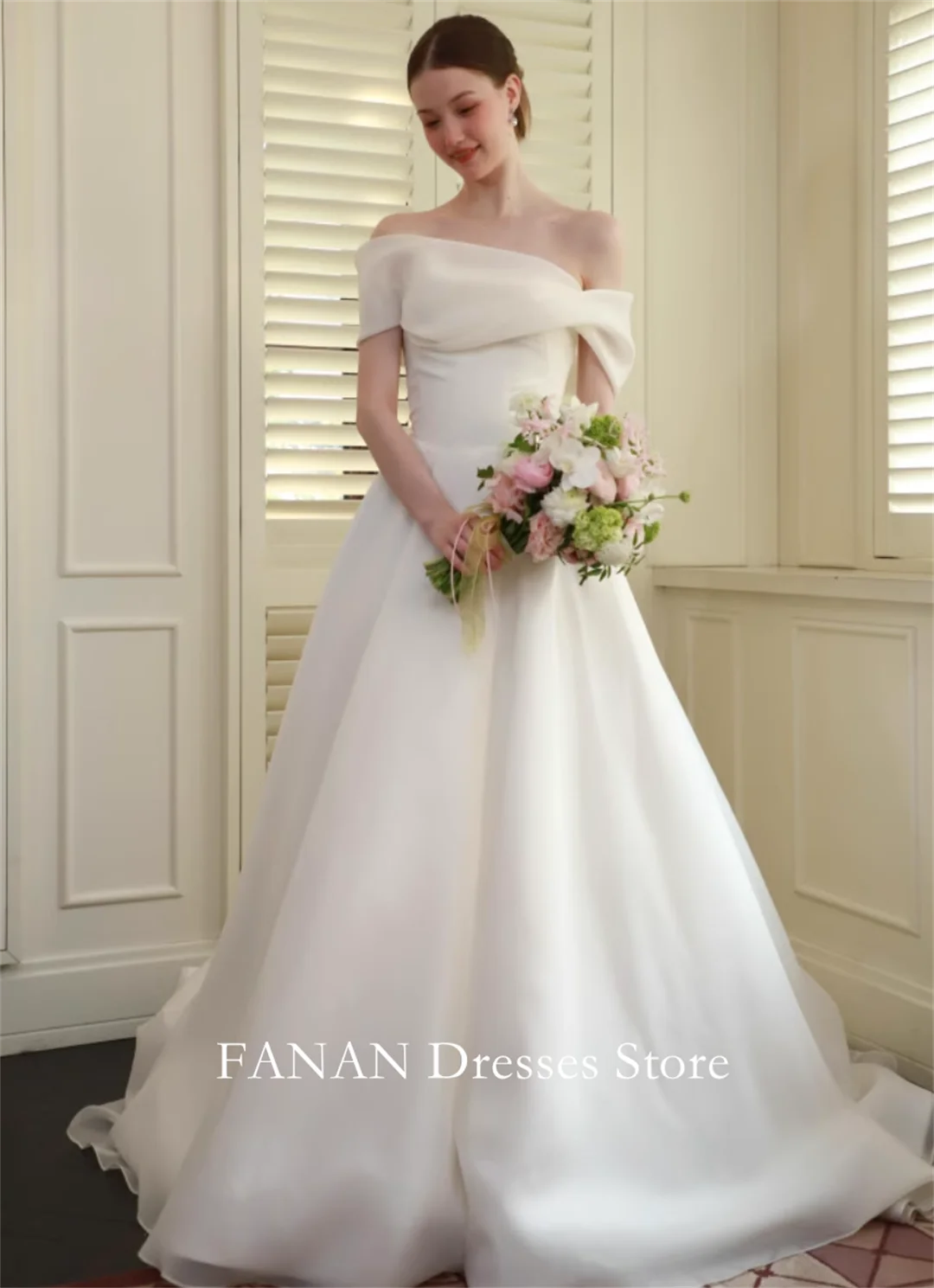 FANAN Off-Shoulder Korea Ivory A-Line Backless Wedding Dresses 웨딩드레스 Organza Sleeveless Customized Pretty  Bride Gowns Plus Size