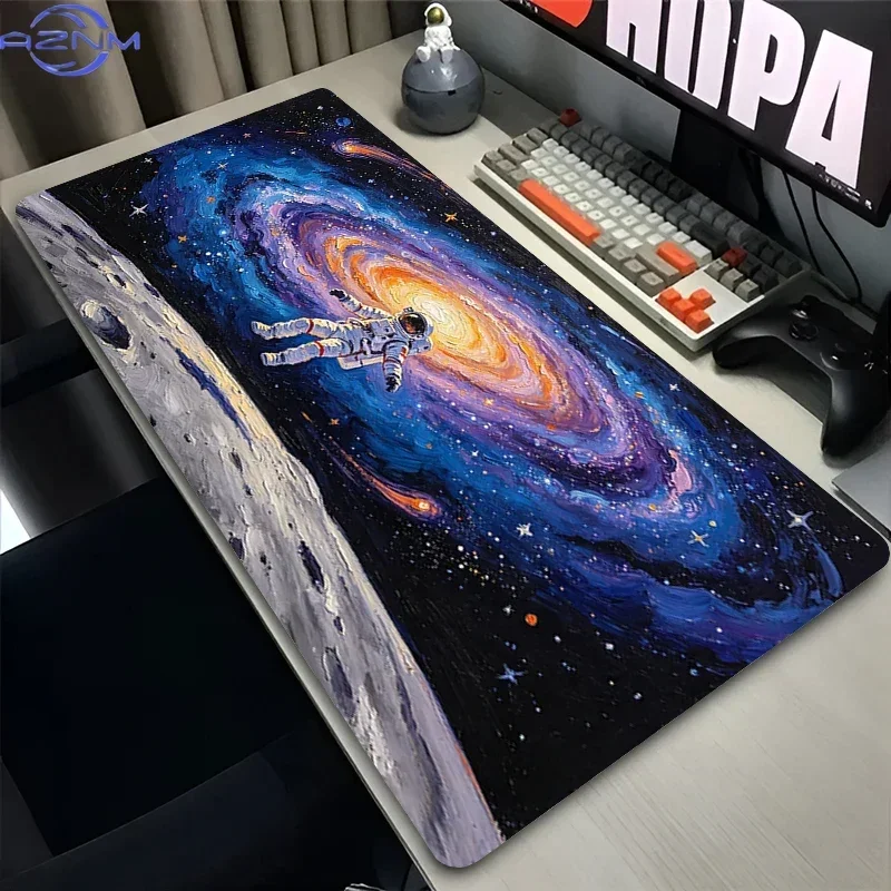 Starry Night Astronaut Holding Flowers Large Mousepad, Non-Slip Rubber Waterproof Extended Desk Mat, Van Gogh Style Space Oil Pa