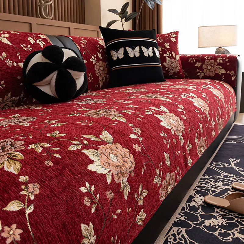 1Pc Peony Flower Print Chenille Sofa Cover for Living Room Non-slip Universal Couch Slipcovers Pet Kids Chair Mat for Home Decor