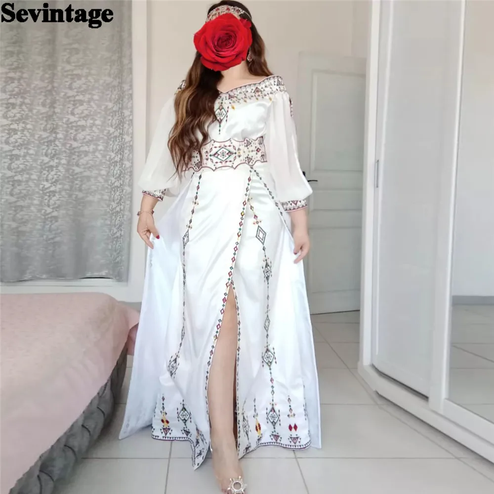 

Sevintage Elegant White Prom Dress A-Line Three Quarter Appliques High Slit Formal Evening Dress Floor Length Kafeta Party Gowns