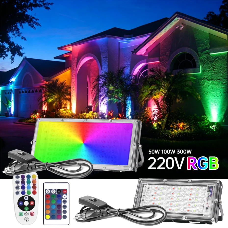 50W-300W RGB Floodlight AC220V IP65 Waterproof Outdoor Reflector Spotlight Wall Lamp with Remote Control & EU Plug Switch