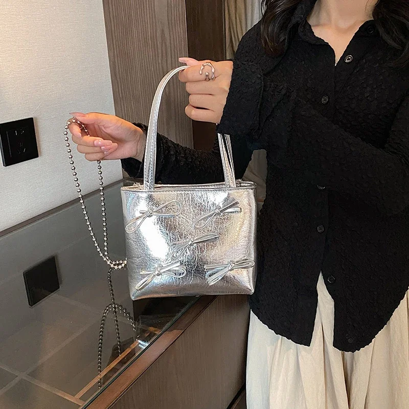 Chains Pu Fashion Top-Handle Bags Zipper Sewing Thread New Women\'s Bags on Sale 2024 High Quality Solid Bow Shoulder Bags