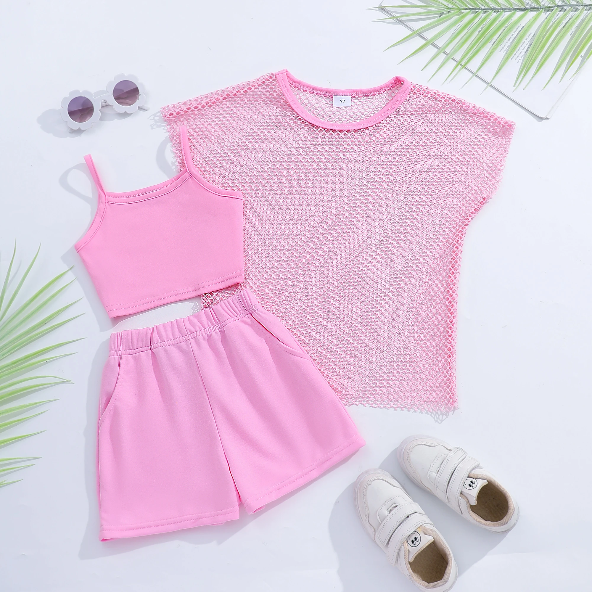 

New Kids Girls Clothing Set Summer Short Sleeve 3 Pcs Set Mesh Top+Camisole+short Pants Children Suit Solid Color Girls Outfits
