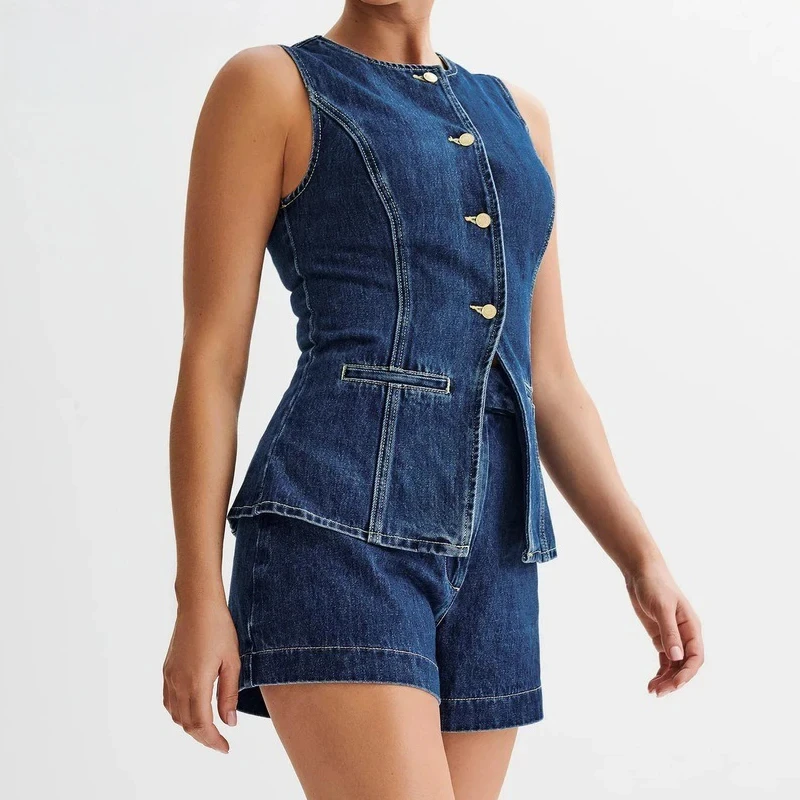 Suits for Women two piece set O Neck Sleeveless denim 2 piece set 2024 summer outfit Office vacation TOP High Waist shorts sets