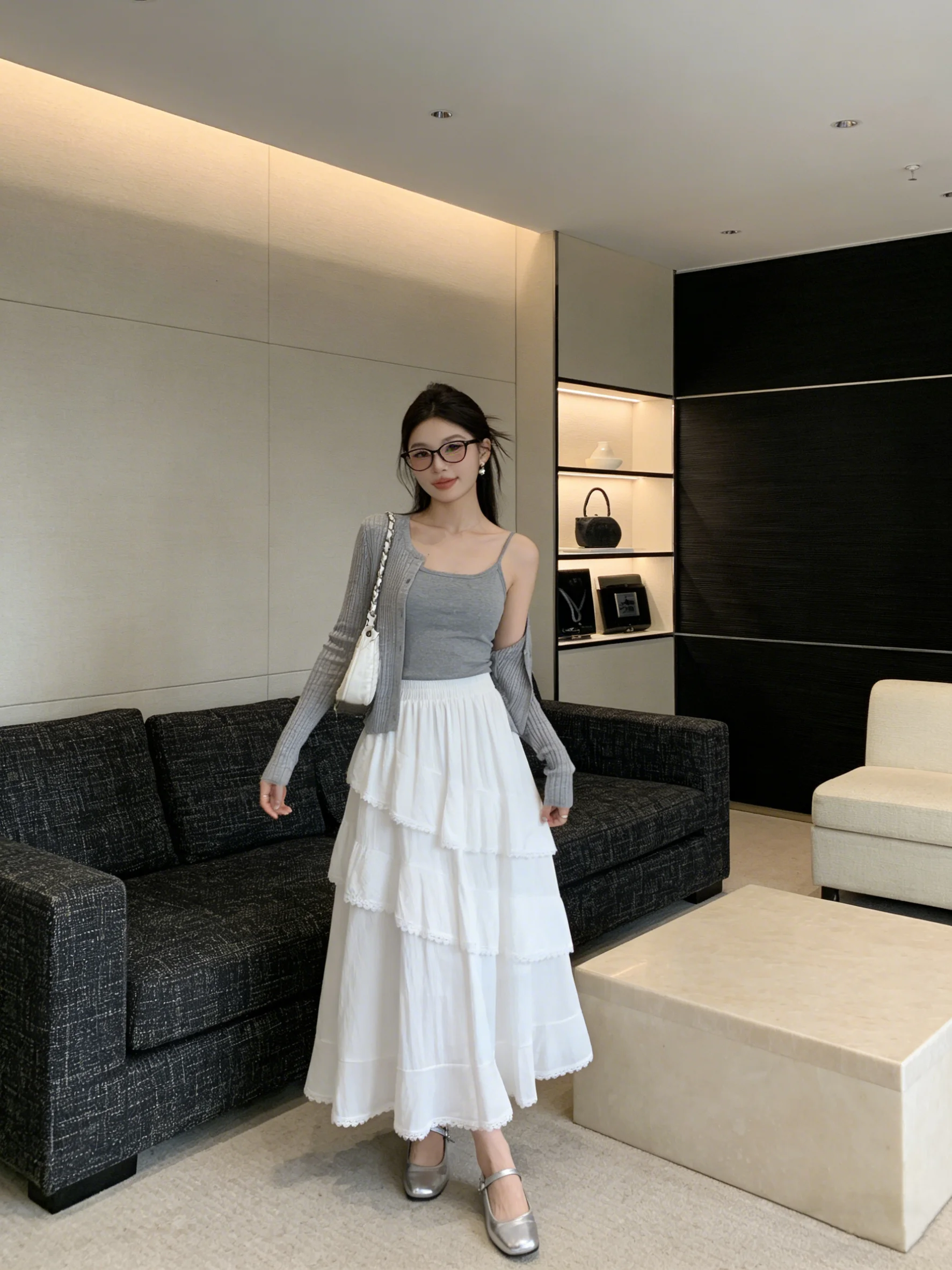 

Korean Style High Waist Layered Half Skirt White Ruffle Splicing Cake Skirt Breathable Skin-Friendly Casual Spring Summer
