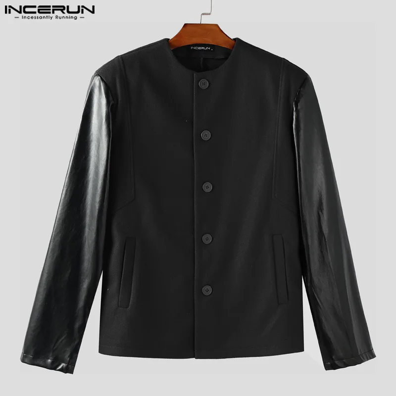 

INCERUN Men Jackets PU Leather Patchwork O-neck Long Sleeve Button Male Coats Streetwear 2025 Fashion Casual Jackets Men S-5XL