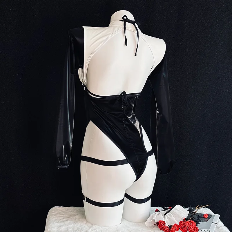 Body Sexy de charol con sujetador abierto para mujer, disfraz de sirvienta de Anime, conjunto de uniforme de sirvienta con espalda descubierta, ropa de Carnaval de Halloween