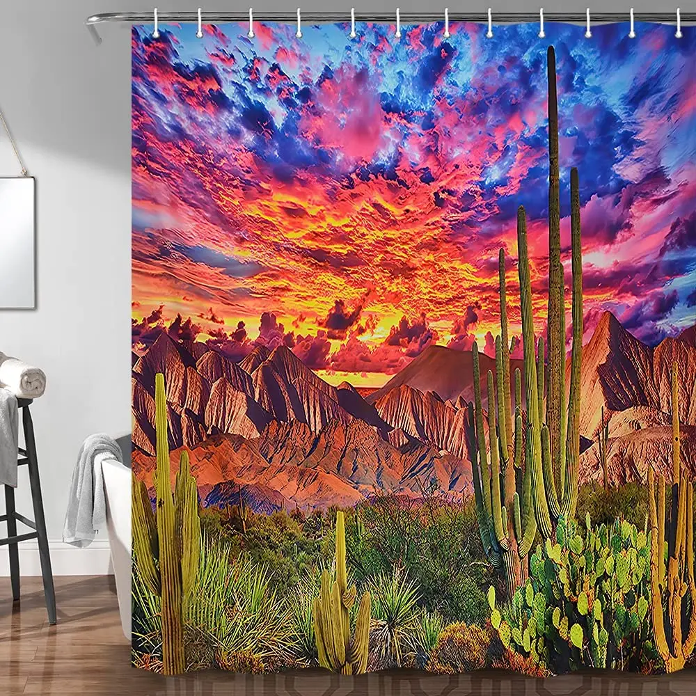 Cactus Sunset Shower Curtain Succulent Plant Cacti Burning Cloud Sky Mountain Western Texas Scene Bathroom Decor With Hooks