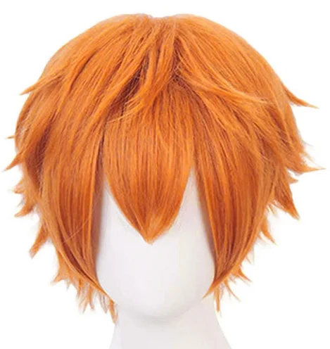 Peruca curta laranja masculina, fantasia de cosplay cabelo sintético de Halloween, ondulado natural