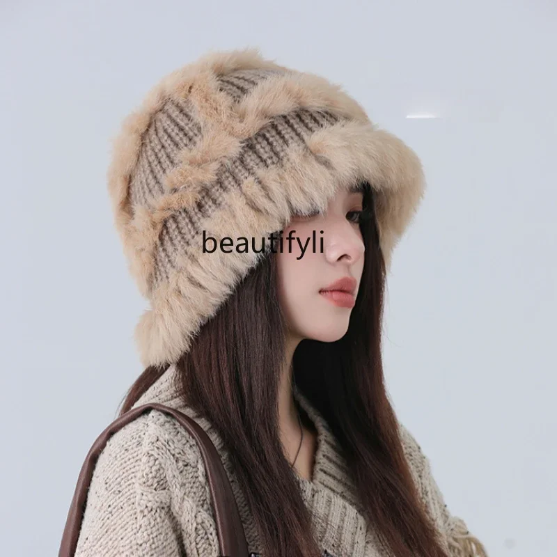 Knitted women's autumn and winter warm wool hat cold-proof plush bag head showing face small fur bucket hat