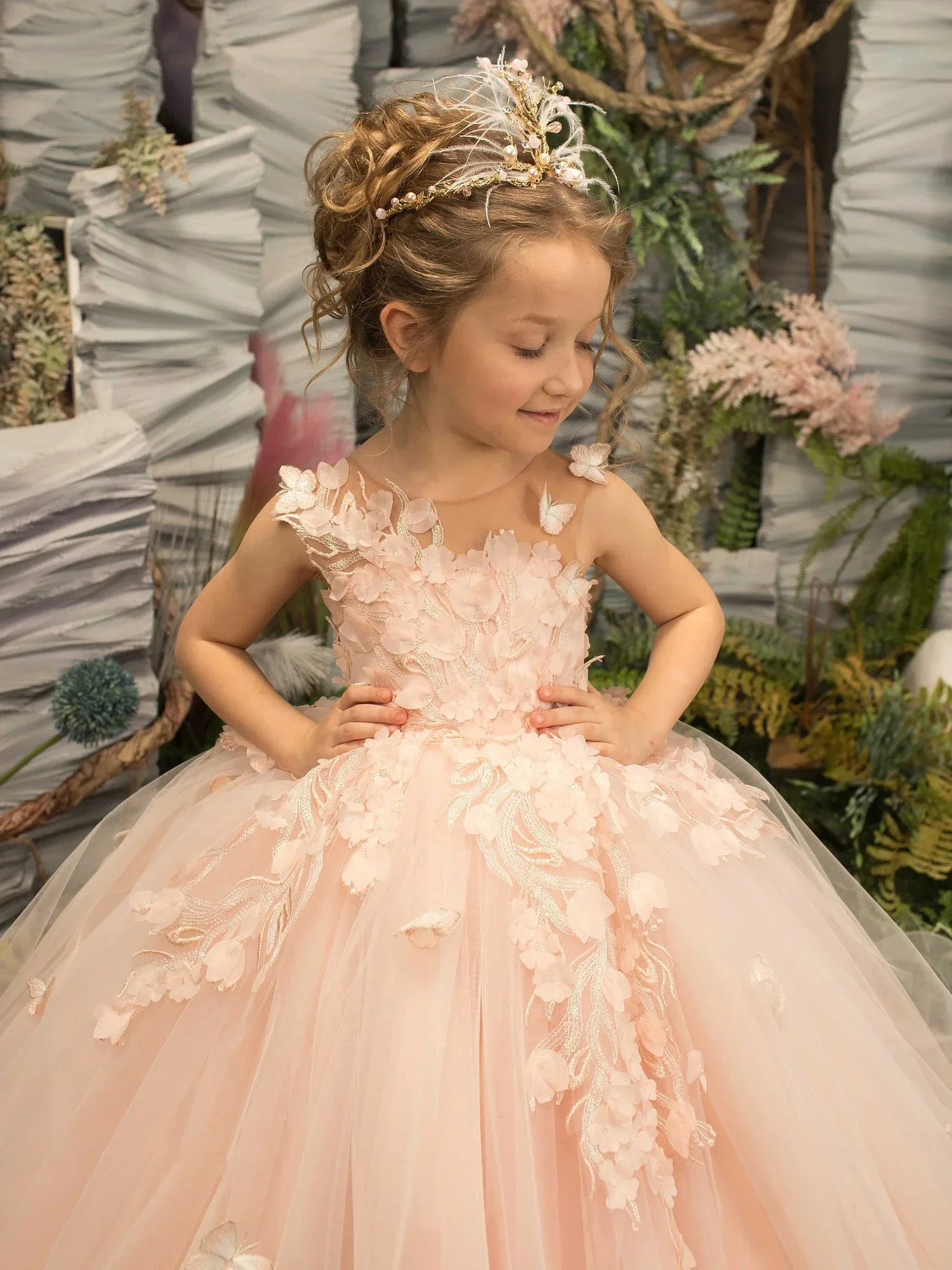 Vestidos Flower Girl para casamento e aniversário, Pearl Floral Tulle, Luxury Princess, Long Maxi, Kids Bridesmaid Ball, Vestidos de Primeira Comunhão