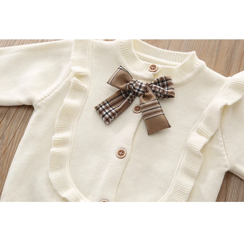 Baby Girls Clothing Set Autumn Winter Solid Color Bow Knitted Cardigan+Lattice Pleated Skirt 2Pcs For 2-6Y Kids Casual Suit