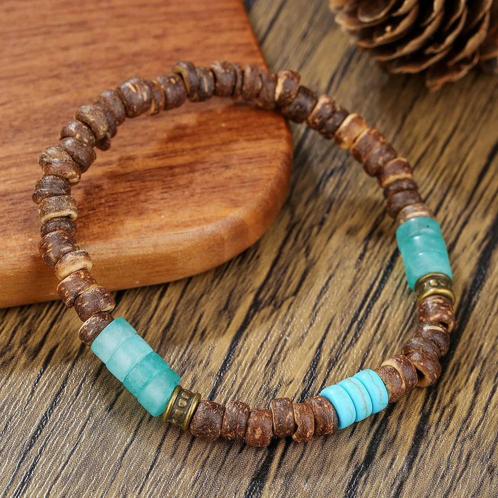 Retro-Armband aus Kokosnuss- und Holzperlen, Bohemian-Stil, Imitation grüner Natursteine, Herrenarmband, modischer Damenschmuck und Accessoires – Detail 3