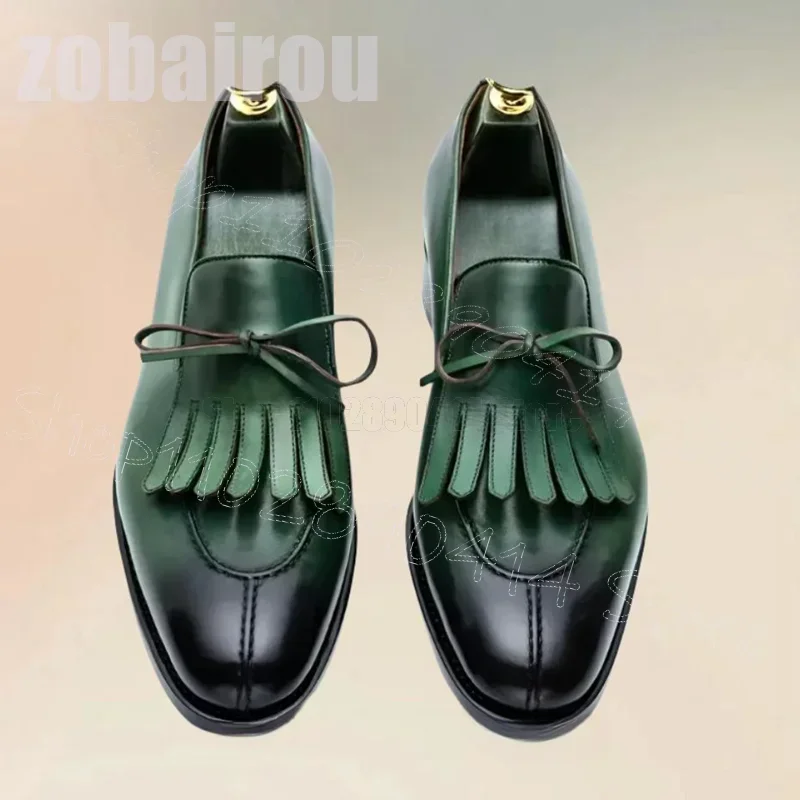 Green Gradient Color Bow Knot Tassels Loafers Fashion Slip On Men Shoes Luxurious Handmade Party Banquet Dating Men Dress Shoes