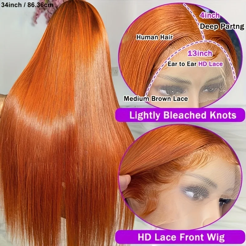 الزنجبيل البرتقالي الملونة مستقيم الدانتيل الجبهة الباروكات شعر الإنسان 13x4 HD الدانتيل الباروكات الأمامية شعر الإنسان للنساء شعري طبيعي