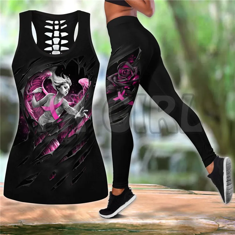 Skull Pink For Girl Woman Hollow Tank Top Leggings Set 3D Printed Tank Top+Legging Combo Outfit Yoga Fitness Legging Women