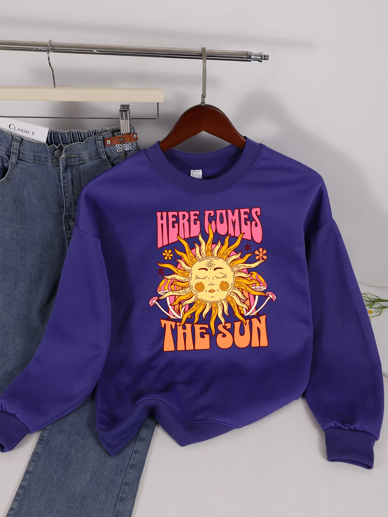 

Here Comes The Sun, женский пуловер с креативным принтом, флисовый свитшот Y2K, свободная уличная одежда с круглым вырезом, универсальная осенняя одежда