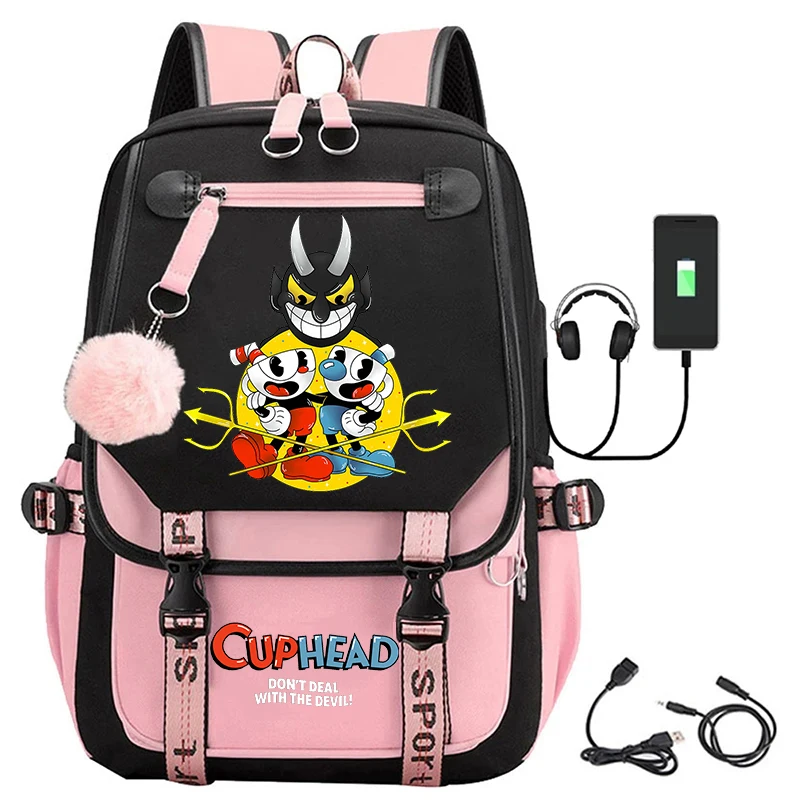 Cuphead Backpacks Teenager Usb Schoolbag Fashion Women Back Pack Cartoon Print Bookbag Girls Plush Ball Backpack Travel Bag